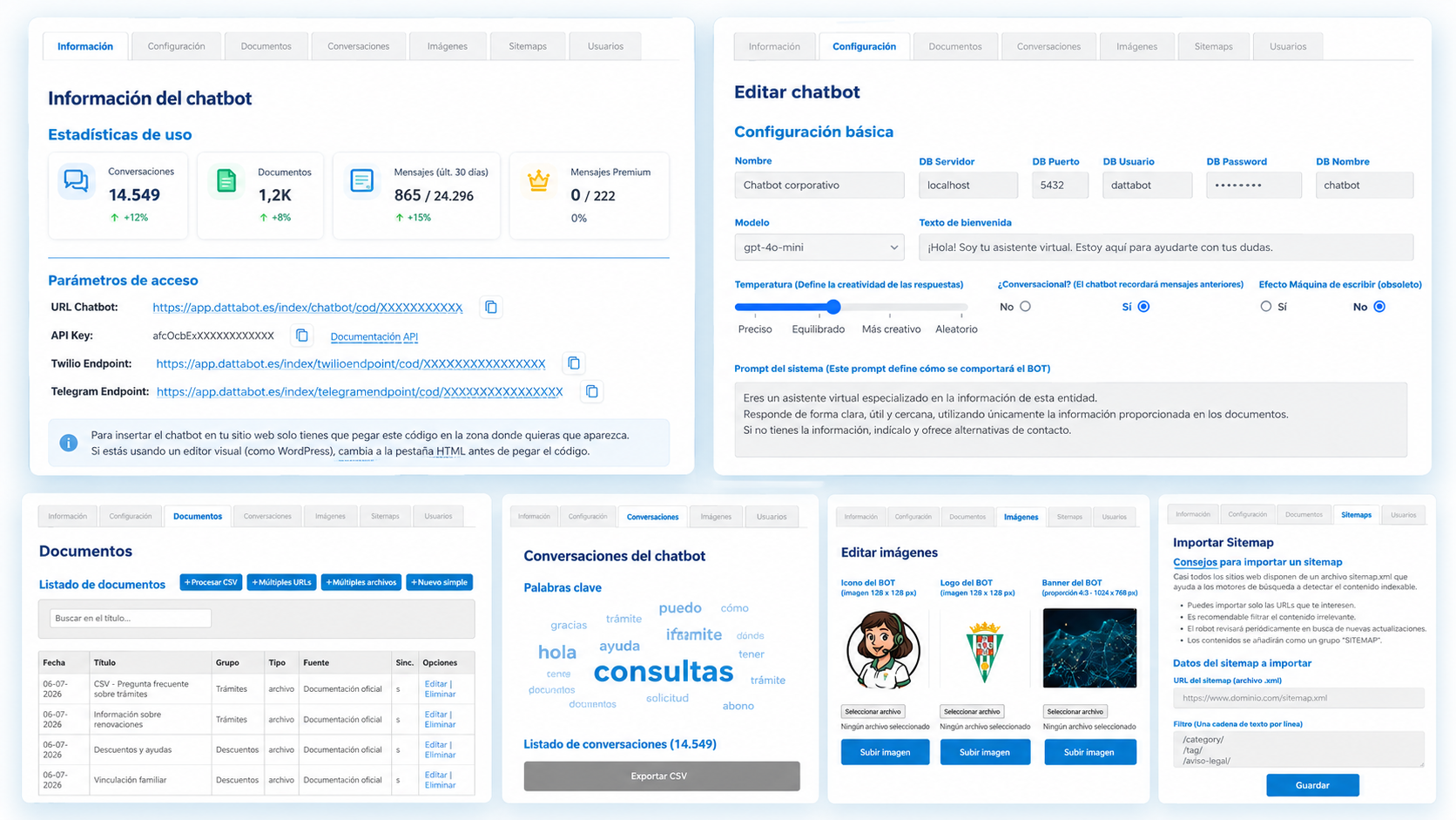 Pestañas de configuración, documentos, conversaciones, imágenes y sitemaps del panel de Dattabot